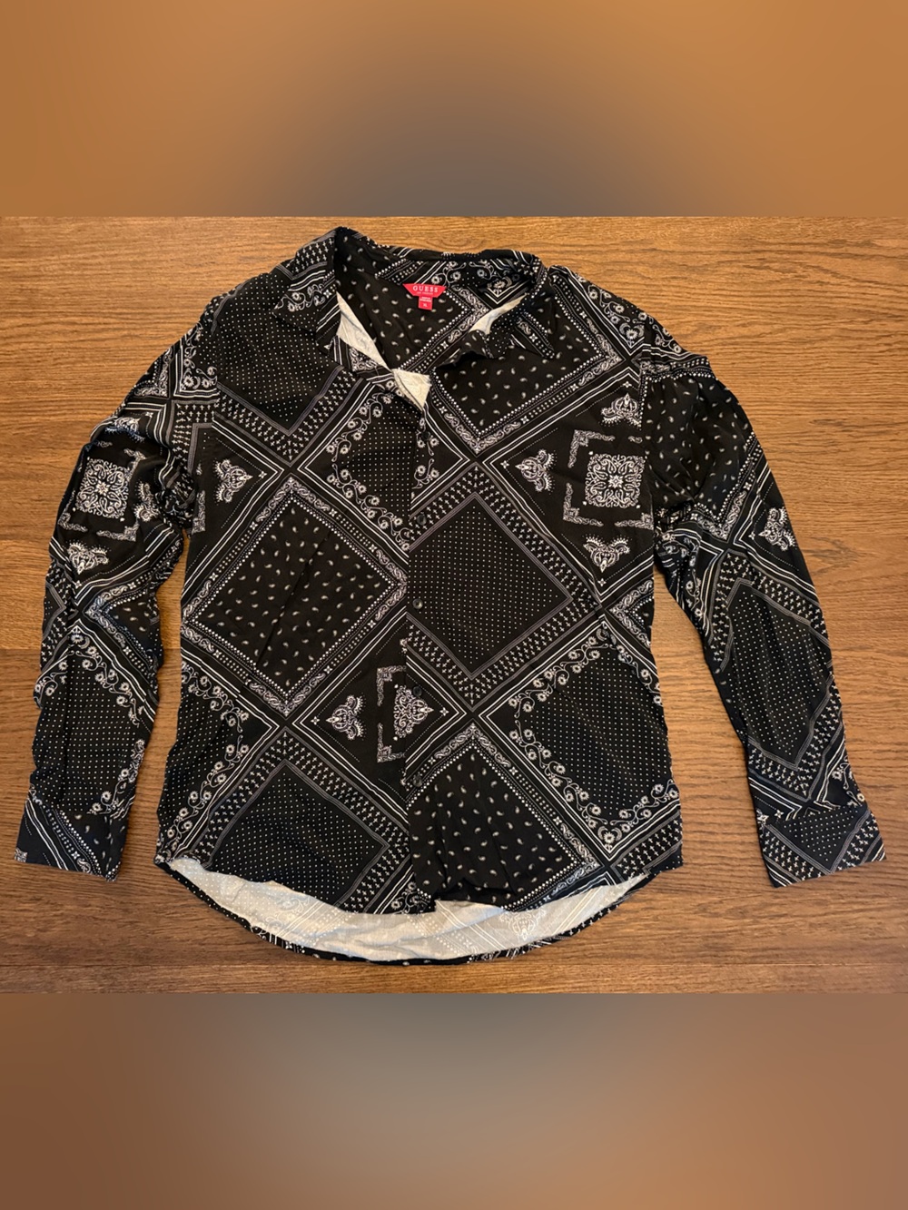 Guess Men’s Black & White Bandana-Print Button Up Shirt